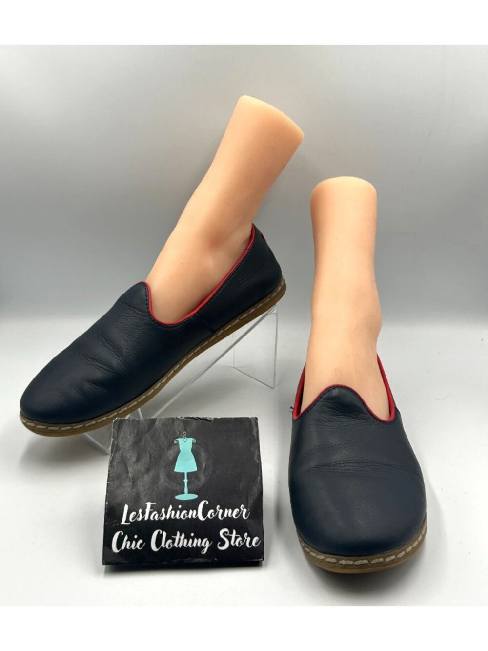 Charix Women's Navy Blue Leather Red Trim Casual Slip-On Loafers Sz 10.5 3331